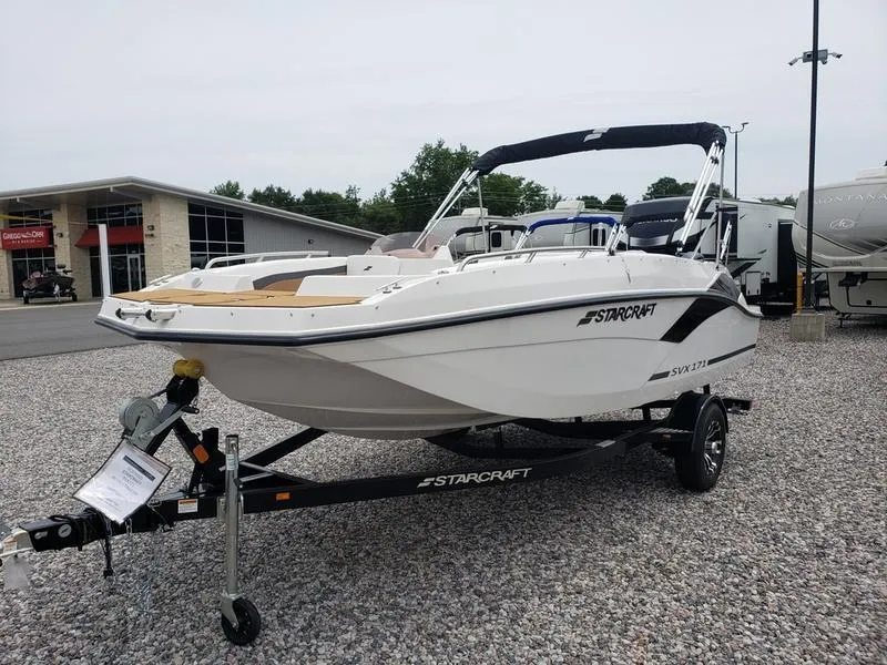 Slide: The Image of 2023 Starcraft SVX 171 OB boat on trailer, displayed outdoors. - 16