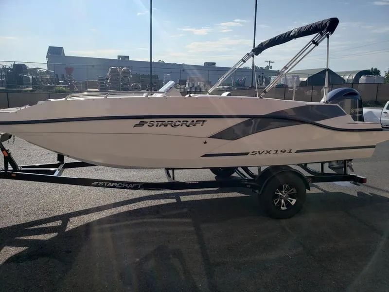 Slide: The Image of 2023 Starcraft SVX191OB boat on trailer in outdoor setting. - 3