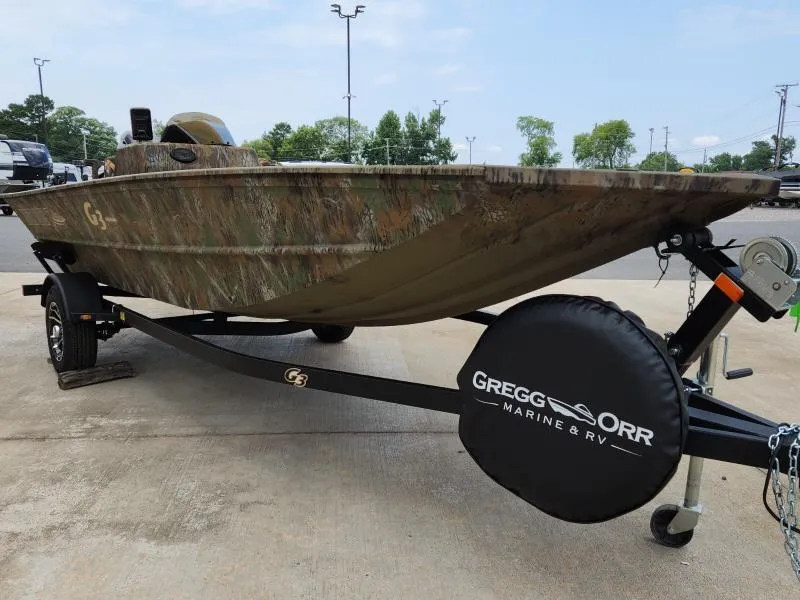 Slide: The Image of 2024 G3 17 SC boat on trailer, camo design, Gregg Orr Marine & RV branding. - 4