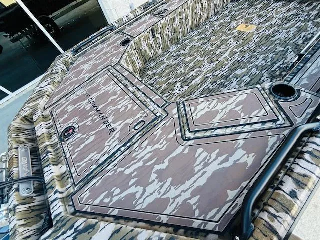 Slide: The Image of 2025 Avid 16 Commander boat with camouflage design and sleek deck layout. - 8