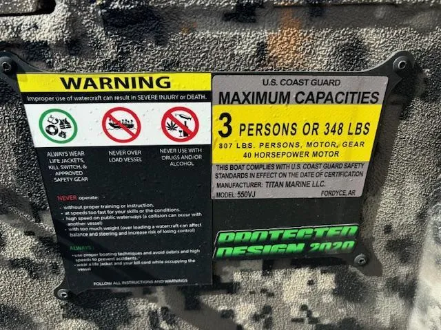 Slide: The Image of Warning label on 2024 Havoc Boats 1550 VJ, detailing safety and capacity limits. - 12