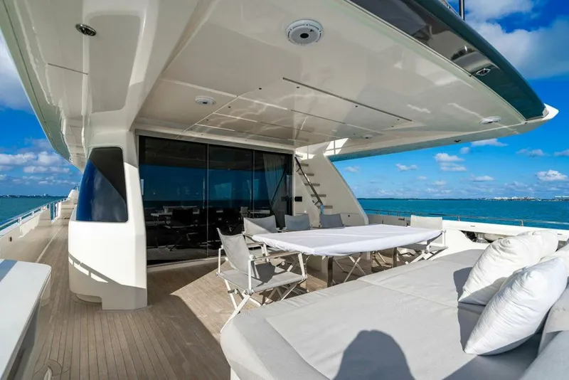 Slide: The Image of Luxurious 2018 Ferretti Yachts 850 Motor Yacht deck with seating, ocean view. - 19