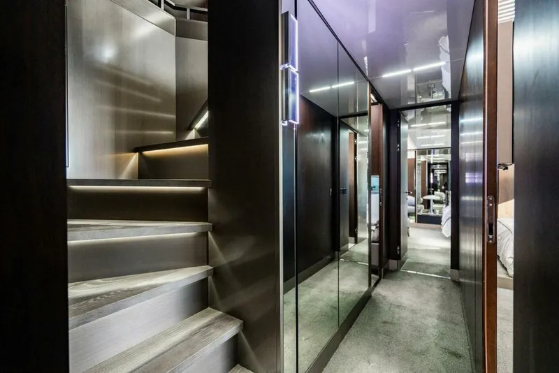 Slide: The Image of Luxurious interior of 2018 Ferretti Yachts 850 Motor Yacht with modern staircase and hallway. - 30