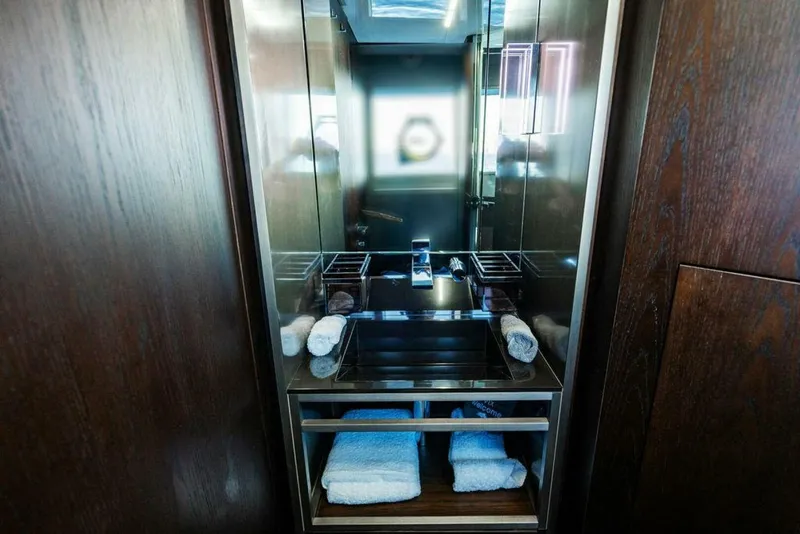 Slide: The Image of Luxurious bathroom sink area on 2018 Ferretti Yachts 850 Motor Yacht, featuring modern design. - 38