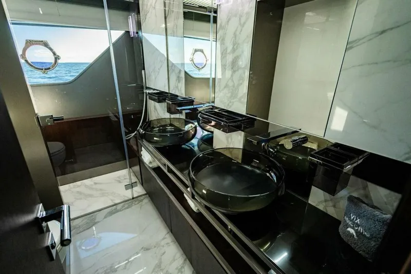 Slide: The Image of Luxurious bathroom in 2018 Ferretti Yachts 850 Motor Yacht with marble and ocean view. - 44