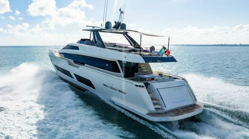 Slide: The Image of 2018 Ferretti Yachts 850 Motor Yacht cruising on open water. - 5