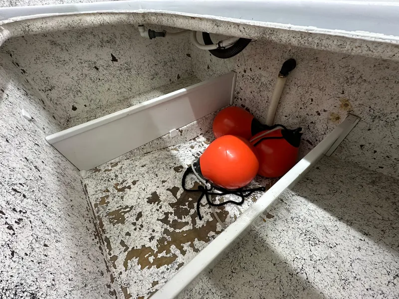 Slide: The Image of Storage compartment of 2005 Farallon 28 boat with orange buoys inside. - 19