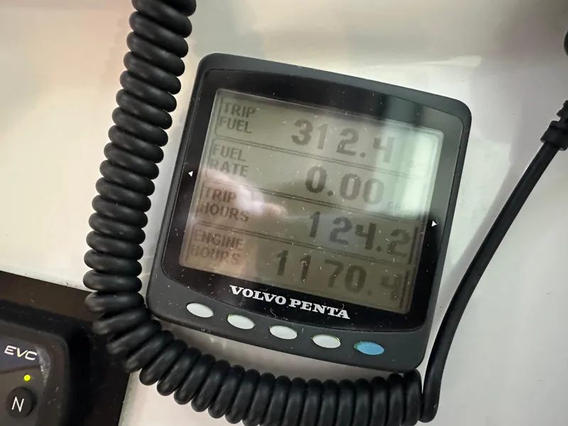 Slide: The Image of Volvo Penta display on 2005 Farallon 28 boat showing trip and engine data. - 41