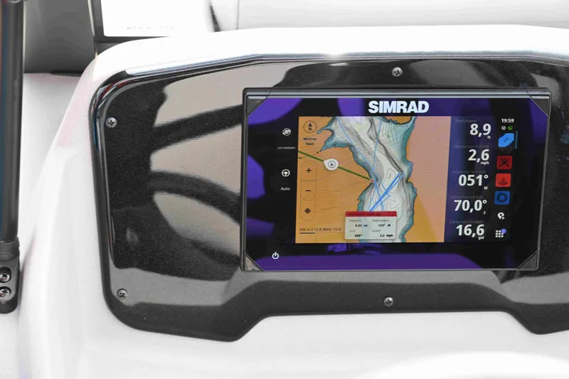 Slide: The Image of Simrad navigation display on 2025 Princecraft Vectra 23 RL boat dashboard. - 3