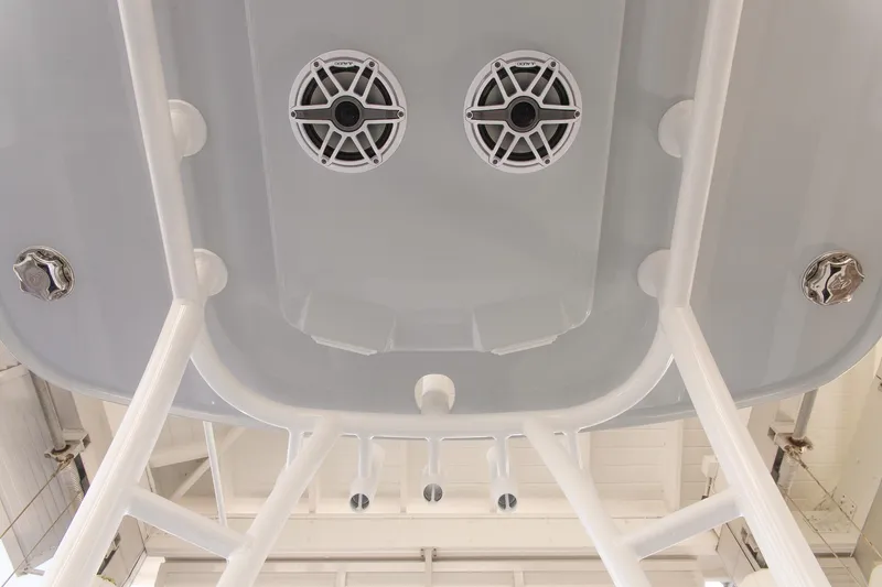 Slide: The Image of 2023 Yellowfin 26 Hybrid boat speakers and structure, viewed from below. - 19