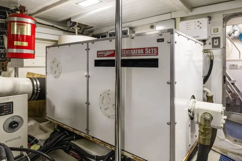 Slide: The Image of Engine room of 2003 Pacific Mariner Pilothouse with generator set and fire extinguisher. - 39