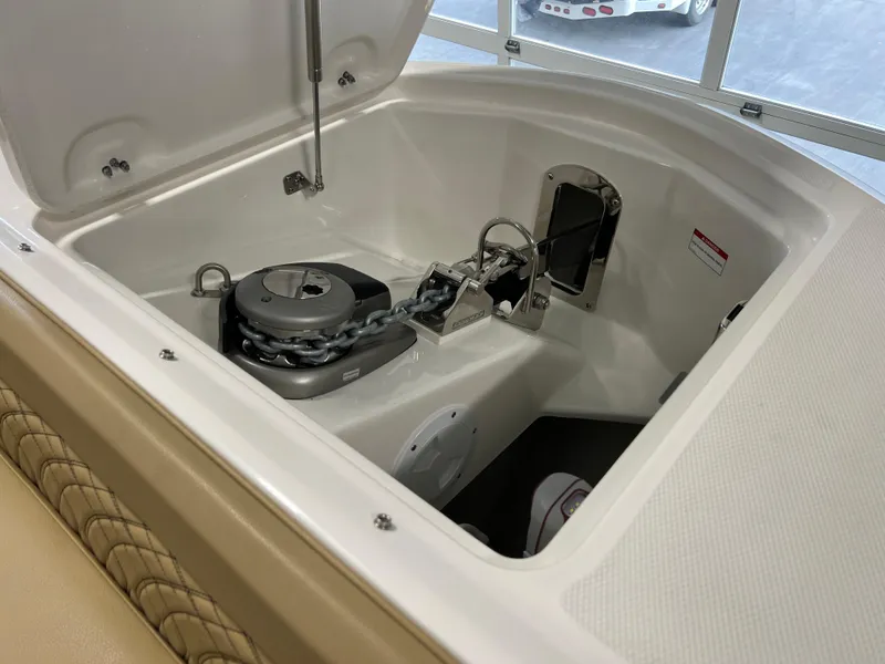 Slide: The Image of 2025 Sea Ray Sundancer 370 OB interior with beige seating and modern design. - 43