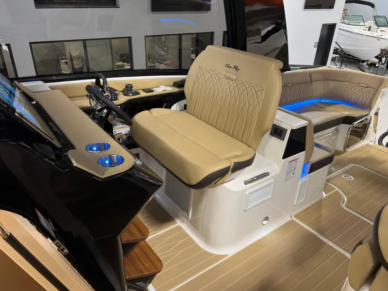 Slide: The Image of Interior view of Sea Ray Sundancer 370 Outboard 2025 in a boat workshop. - 49