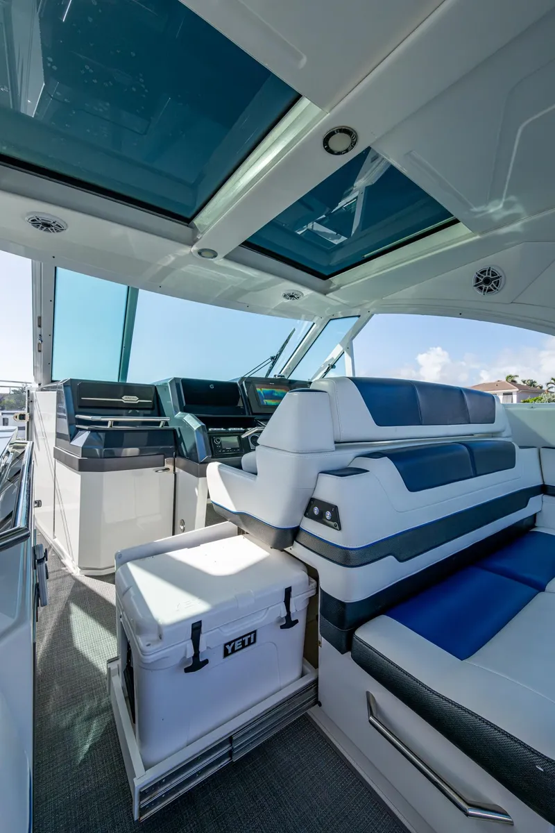 Slide: The Image of Interior of 2021 Formula 380 Super Sport Crossover OB with modern seating and skylights. - 36