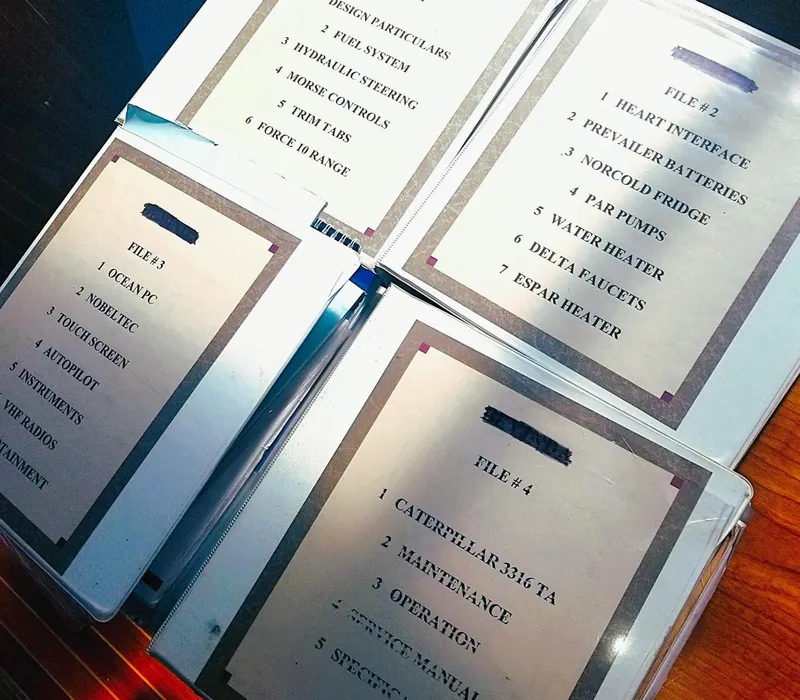 Slide: The Image of Binders with technical manuals for Pettegrow 36 Flybridge, 1990 model, on a wooden surface. - 12