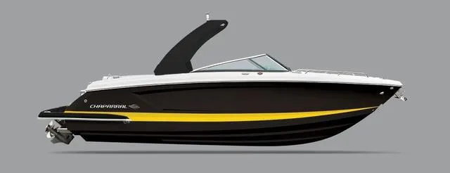 Slide: The Image of 2024 Chaparral 287 SSX boat, sleek black design with yellow accent stripe. - 19