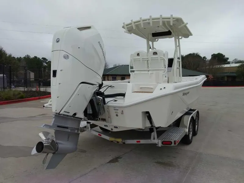 Slide: The Image of 2025 Ranger 2660 Bay boat on trailer, featuring powerful outboard motor. - 3