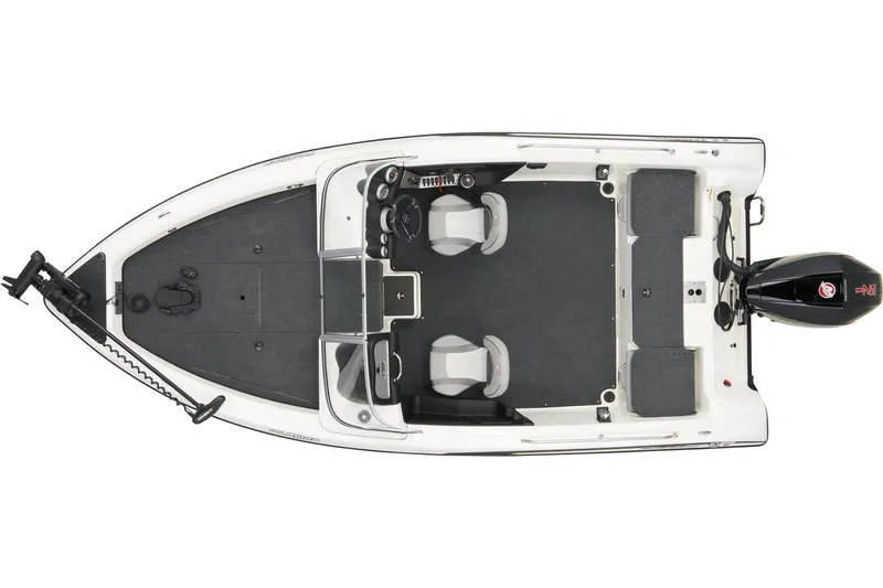 Slide: The Image of 2024 Triton 186 Allure boat deck with Minn Kota trolling motor, spacious and carpeted. - 11