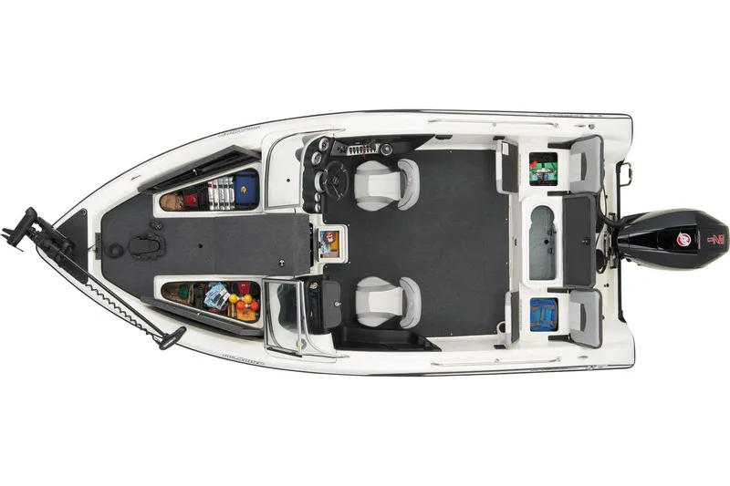 Slide: The Image of 2024 Triton 186 Allure boat interior with gray seating and steering console. - 13