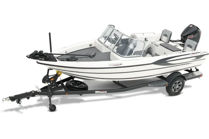 Slide: The Image of 2024 Triton 186 Allure boat interior with gray seating and steering console. - 8
