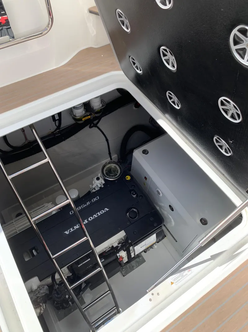 Slide: The Image of 2024 Fountaine Pajot MY5 engine compartment with Volvo Penta engine. - 12