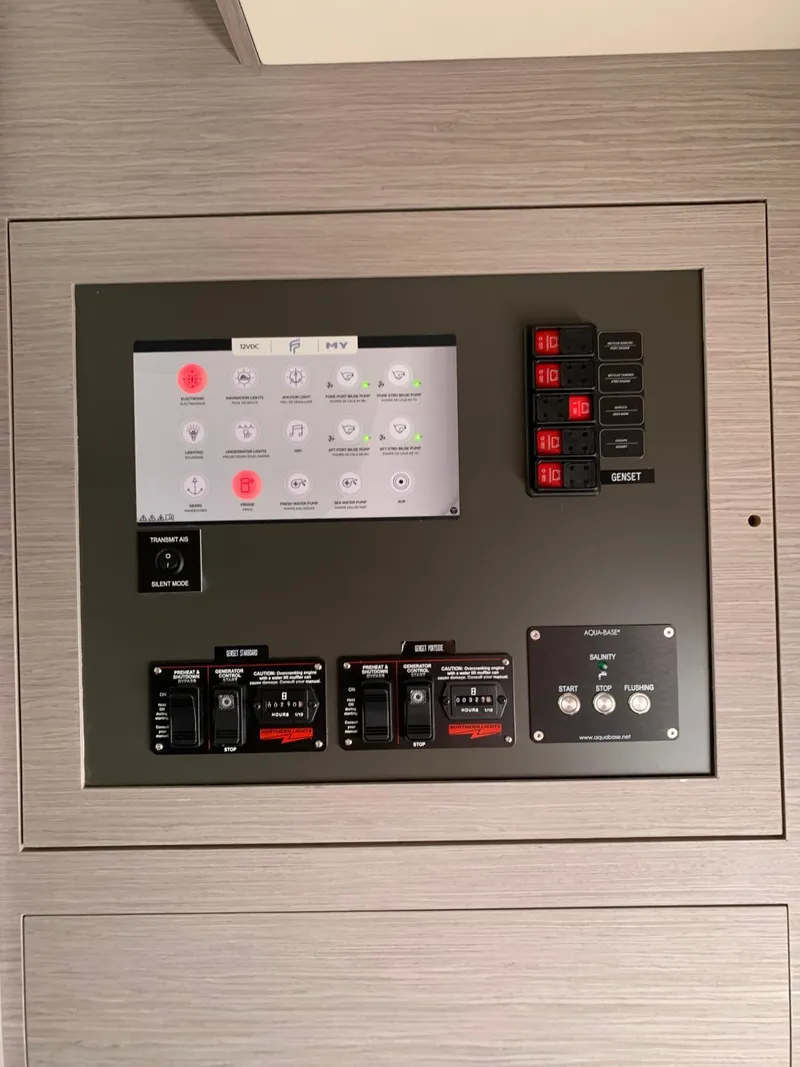 Slide: The Image of Control panel of 2024 Fountaine Pajot MY5 yacht with digital display and switches. - 7