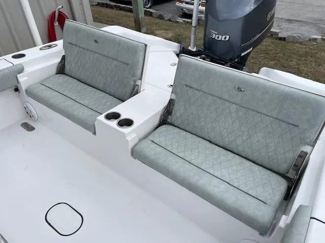 Slide: The Image of 2019 Sportsman 267 Masters boat interior with dual seats and steering console. - 11