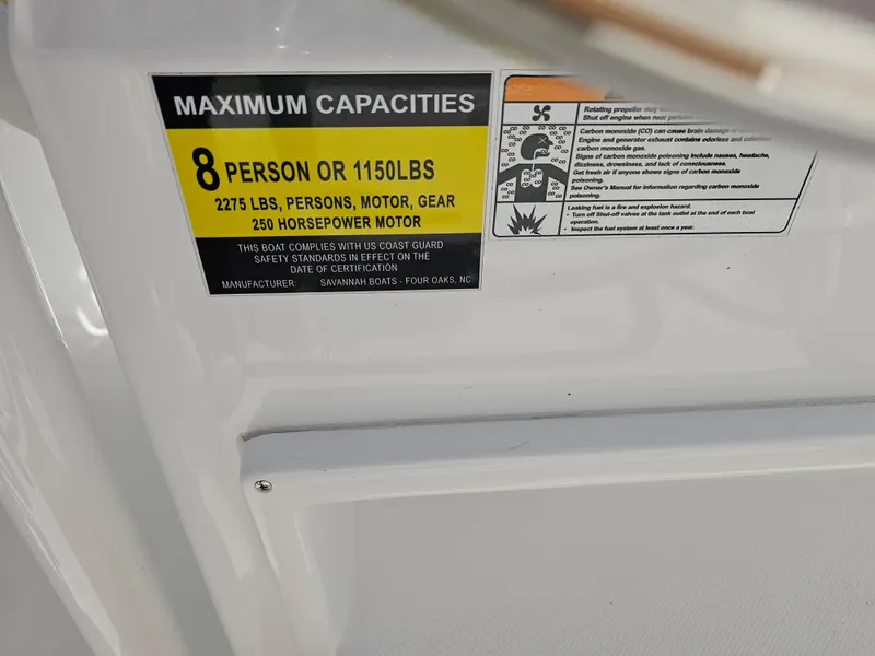 Slide: The Image of Capacity label on 2025 Savannah 2200 Offshore boat, 8 persons or 1150 lbs. - 29
