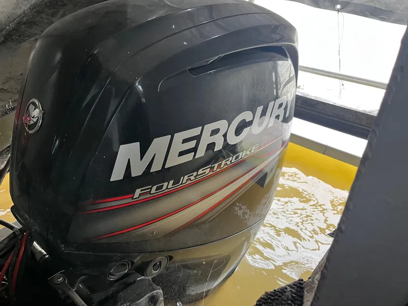 Slide: The Image of Mercury FourStroke engine on 1986 Waterhouse 14 X 44 houseboat, close-up view. - 13