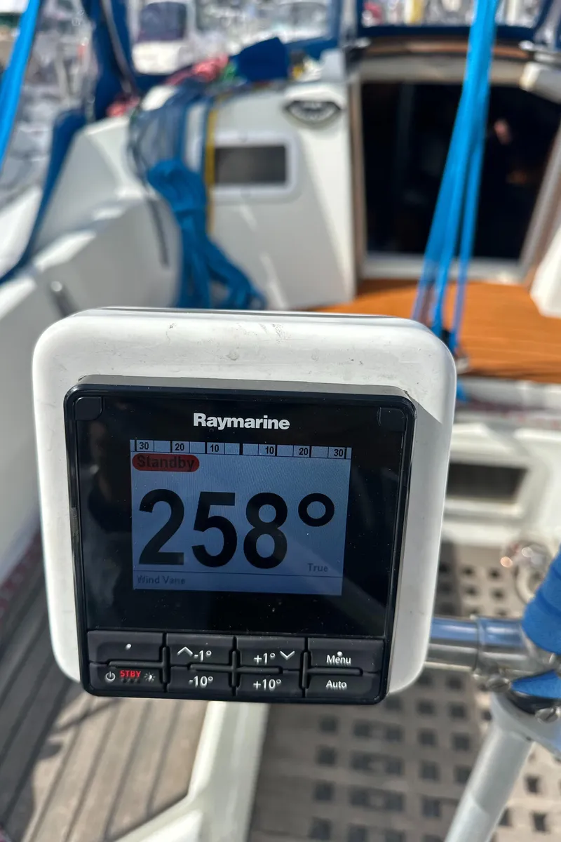 Slide: The Image of Raymarine compass display on 1986 Beneteau First 375 sailboat, showing 258 degrees. - 11