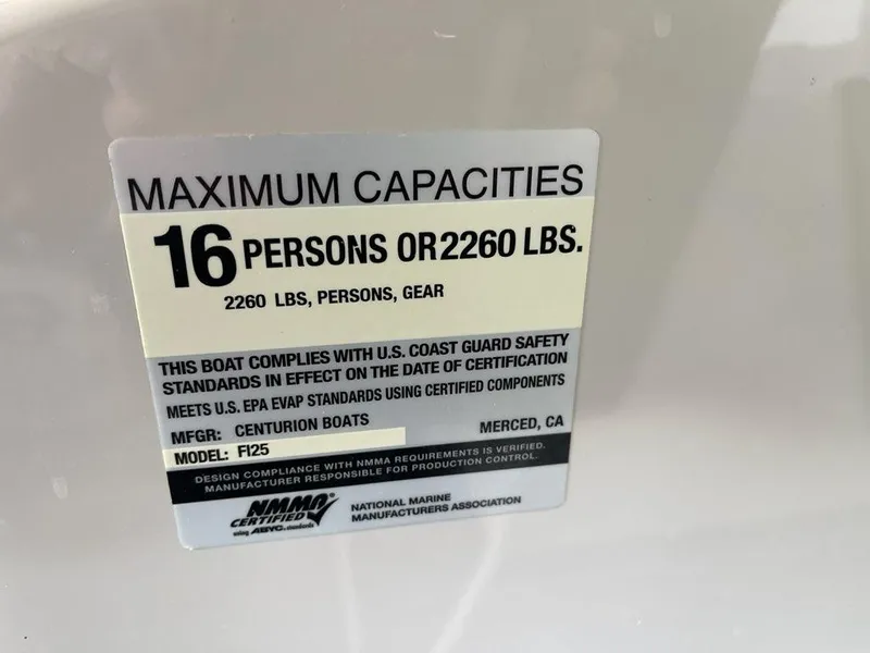 Slide: The Image of Capacity label for 2019 Centurion Fi25 boat: 16 persons or 2260 lbs. - 22