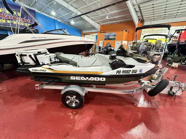 Slide: The Image of 2019 Sea-Doo Fish Pro™ Waverunner with IBR and sound system on display in showroom. - 1
