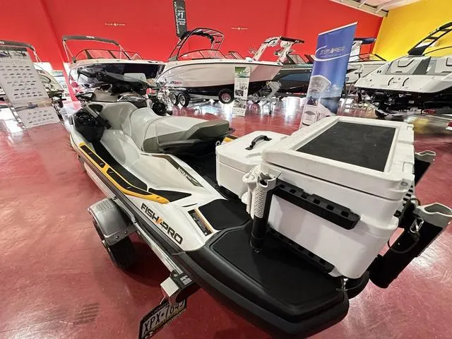 Slide: The Image of 2019 Sea-Doo Fish Pro™ Waverunner with IBR and sound system, displayed in a showroom. - 11
