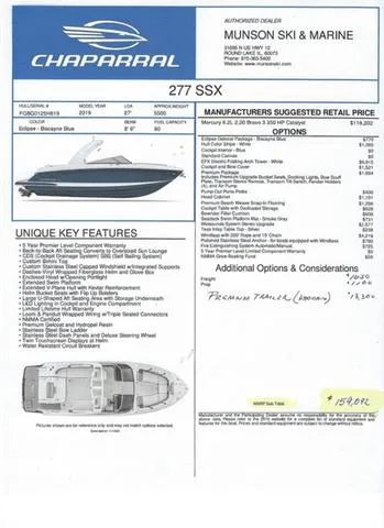 Slide: The Image of 2019 Chaparral 277 SSX boat brochure with features, pricing, and options listed. - 6