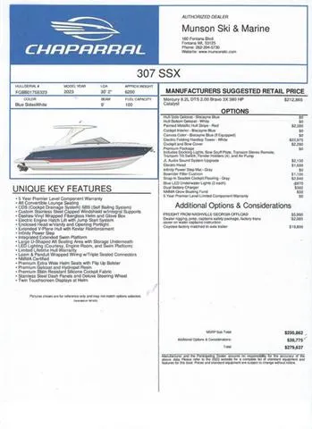 Slide: The Image of 2023 Chaparral 307 SSX boat brochure with features, pricing, and options listed. - 4