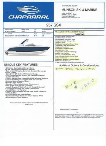 Slide: The Image of Chaparral 257 SSX 2020 brochure with features, options, and pricing details. - 5