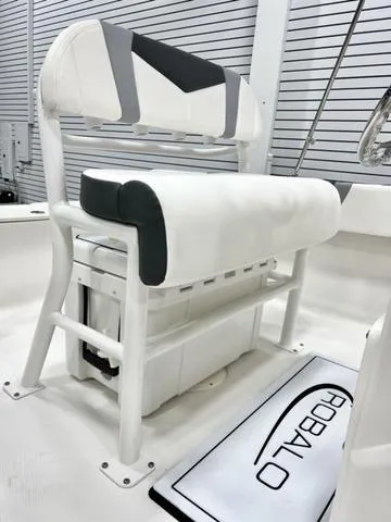 Slide: The Image of 2024 Robalo R180 boat seat with storage, featuring white and gray design. - 14