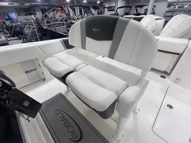 Slide: The Image of 2024 Robalo R250 boat interior with cushioned seating and sleek design. - 17