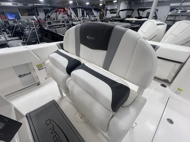 Slide: The Image of 2024 Robalo R250 boat interior with cushioned seating in a showroom. - 18