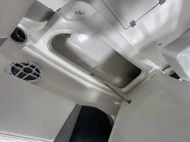 Slide: The Image of 2024 Robalo R250 boat interior storage compartment with speaker and sleek design. - 37