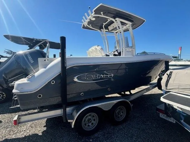 Slide: The Image of 2021 Robalo R222 boat on trailer, side view, sunny day. - 4