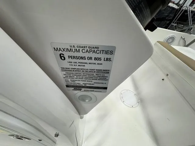 Slide: The Image of 2019 Edgewater 170CC boat capacity label, U.S. Coast Guard maximum 6 persons or 805 lbs. - 16