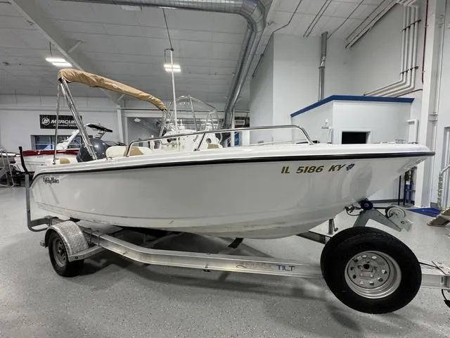 Slide: The Image of 2019 Edgewater 170CC boat on trailer in indoor showroom. - 3