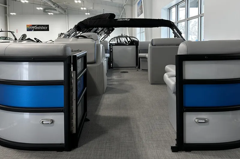 Slide: The Image of 2025 Bentley Pontoons Bolt interior with modern seating and sleek design. - 4