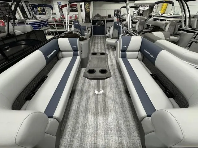 Slide: The Image of Interior of 2025 Bennington 23 SSR pontoon boat with spacious seating and modern design. - 15