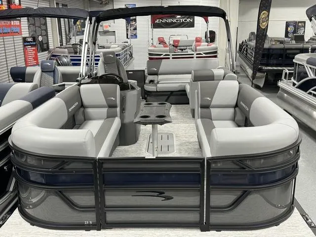 Slide: The Image of 2025 Bennington 23 SSB pontoon boat with spacious seating and modern design. - 22