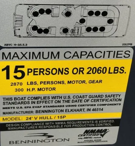 Slide: The Image of Bennington 25 LTSB 2022 capacity label: 15 persons or 2060 lbs, 300 HP motor. - 36