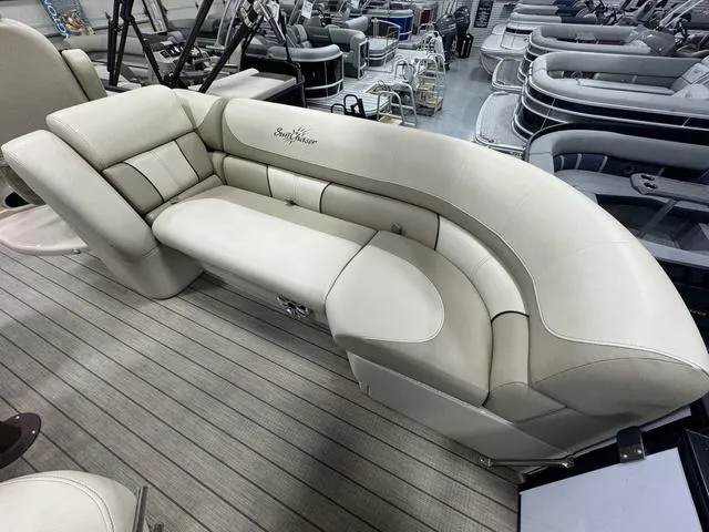 Slide: The Image of Luxurious seating on 2019 SunChaser 8525 Entertainer pontoon boat, showroom display. - 9