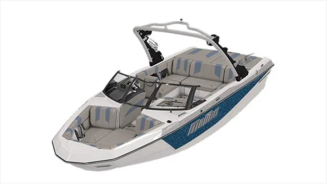 Slide: The Image of 2024 Malibu 21 LX boat with sleek design and spacious seating. - 15