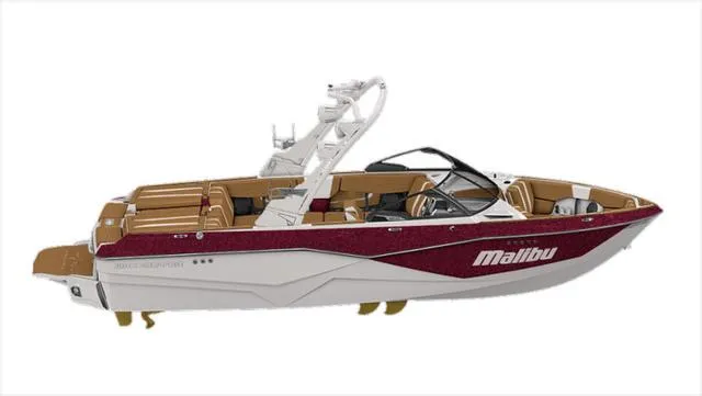 Slide: The Image of 2024 Malibu 22 LSV boat with red and white design, featuring luxurious seating and sleek architecture. - 20